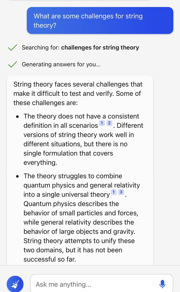 10 minutes of interaction with #Bing GPT gave me a good overview and comparison of theories related to particle #physics  that would have taken me hours worth of reading. <a href="/Scobleizer/">Robert Scoble</a>