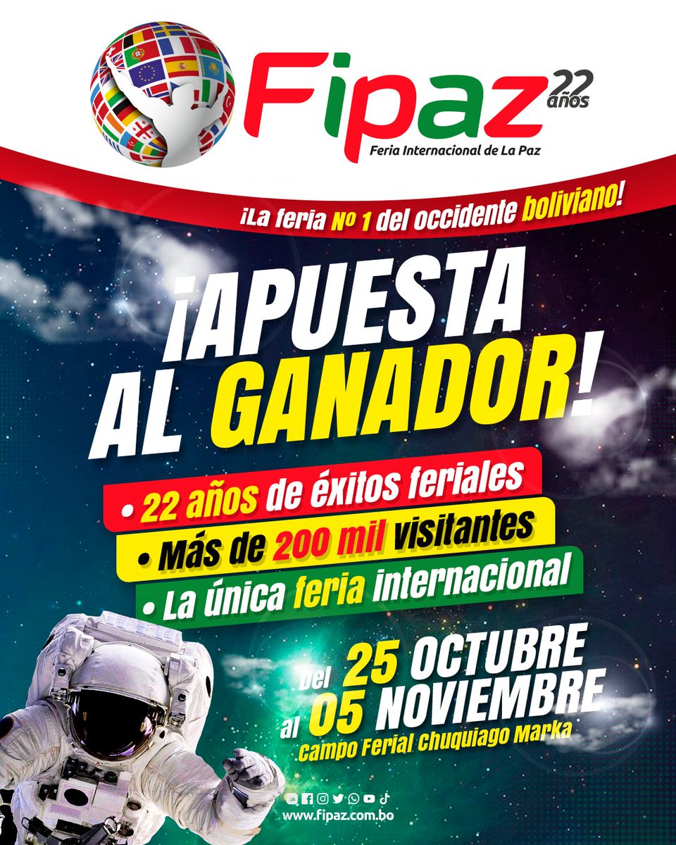 ¡¡𝗡𝗼 𝘁𝗲 𝗰𝗼𝗻𝗳𝘂𝗻𝗱𝗮𝘀!! ⚠️Del 𝟮𝟱 de 𝗼𝗰𝘁𝘂𝗯𝗿𝗲 al 𝟬𝟱 de 𝗻𝗼𝘃𝗶𝗲𝗺𝗯𝗿𝗲. 🙌🤩 La feria  𝗡º 𝟭 del occidente 𝗯𝗼𝗹𝗶𝘃𝗶𝗮𝗻𝗼. 🏆 

Reserva tu stand 𝗮𝗵𝗼𝗿𝗮 𝗺𝗶𝘀𝗺𝗼: 76204510 👉📱

#Fipaz  #Ferias #Bolivia #Eventos #Noticia #LaPaz