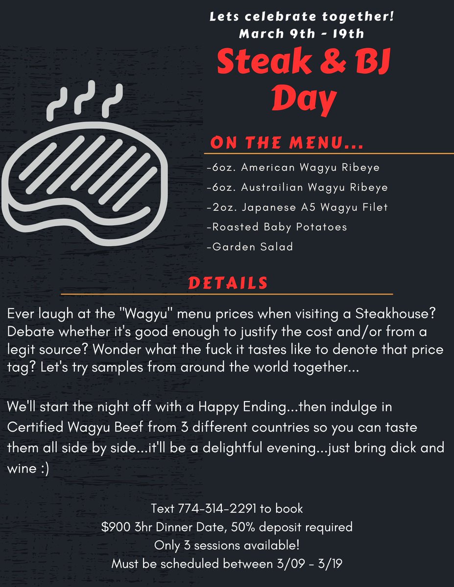 amaresiren's tweet photo. March 14th is the official Steak & BJ Day! You deserve an extravagant celebration π₯³
#DateWorcester #Worcester #Boston #DateBoston #DateNashua https://t.co/w58CZ91J3K