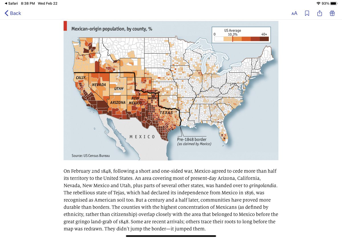 ArturoHerrera_G's tweet photo. La población de origen mexicano está concentrada en Estados Unidos dentro de lo que era la frontera original de México hasta 1948. Como dice el artículo, algunos brincaron la frontera, a otros los brinco la frontera (ya estaban allí). Del Economist 2014. https://t.co/BP9RSVttPR