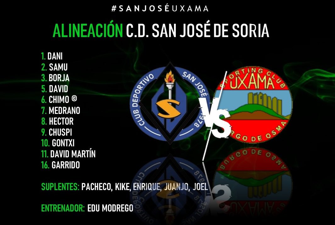 cdsanjosesoria's tweet photo. REGIONAL | 🟢⚪️ ALINEACIÓN 

⚔️Estos son los 11 guerreros elegidos por Edu Modrego ante el @SCUxama 

#VamosSanJosé | #SanJoséUxama https://t.co/XPyzPFDDgD