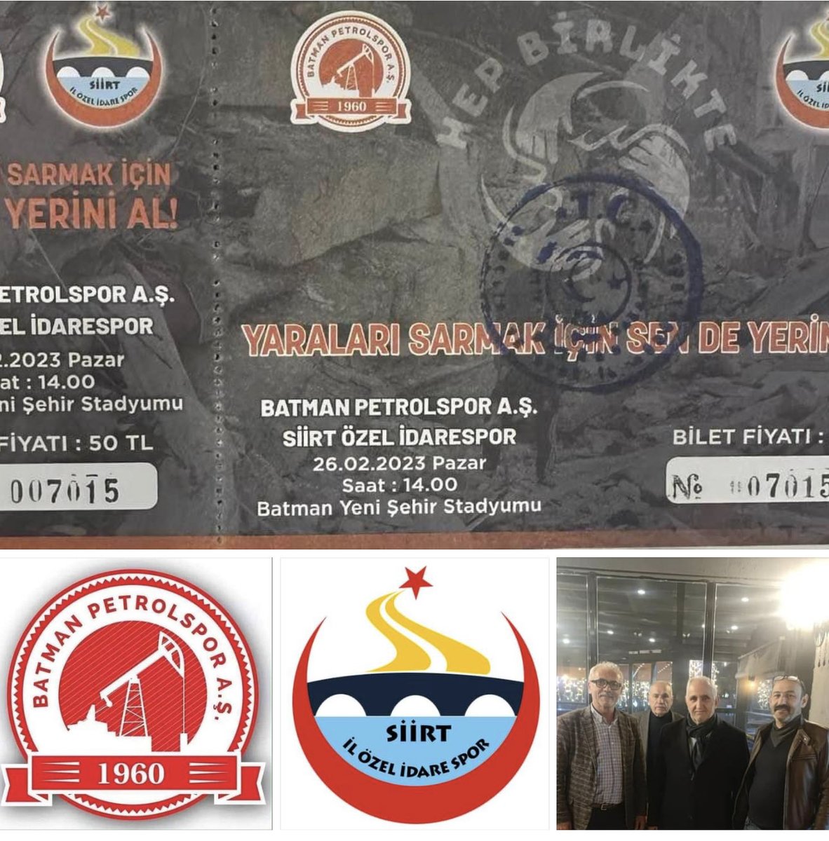 Saygıdeğer Batman halkı Depremzedelerin yararına yarın saat 14:00'da  oynanacak Batman Petrolspor-Siirt il özel idaresi spor maçında yerinizi alarak destek olmanızı bekliyoruz.
İnanıyorum ki Batmanlılar daha önce olduğu gibi  üzerine düşeni yine yapacaktır.