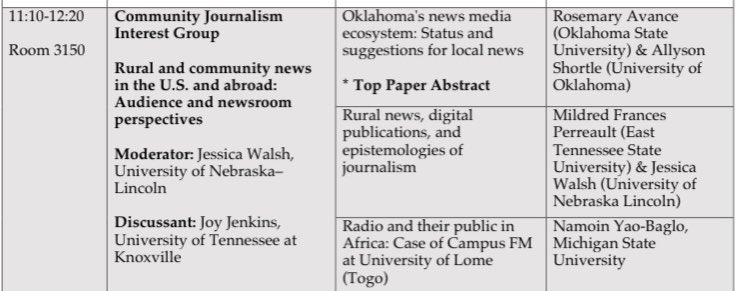 AEJMCComJIG's tweet photo. Happy second day of @AEJMC #AEJMCMW23! Attending the conference in Norman? Check out our #ComJIG session “Rural and community news in the U.S. and abroad: Audience and newsroom perspectives” at 11:10 a.m. in Room 3150! https://t.co/xlW9qNYJWq