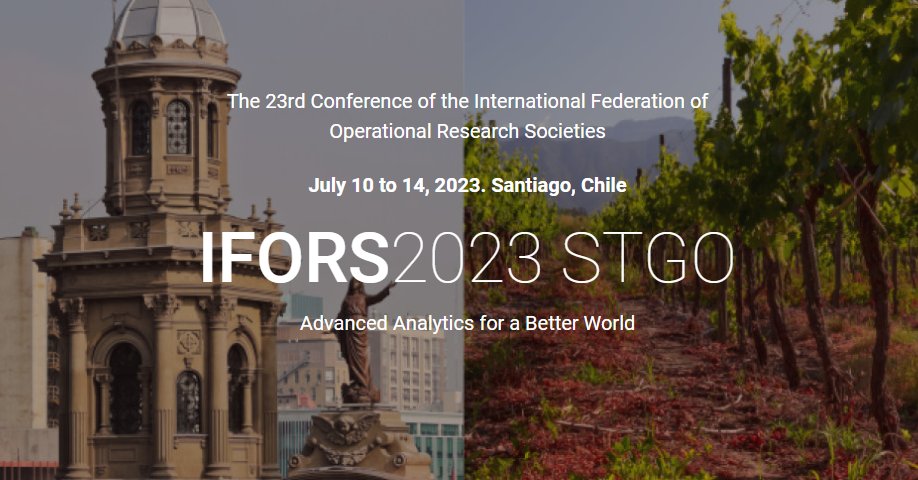 DoloresRomeroM's tweet photo. RT 🙏🙏🙏🙏

📢📢📢📢
The 23rd IFORS Triennial Conference - Santiago, Chile, July 10 - 14, 2023
📢📢📢📢

Website: https://t.co/cquBPdO02O
Program Chair: A. Smith @ponman718 
Organizing co-Chairs: R. Epstein and J. Vera
March 15th, 2023: Due date for abstracts submissions
#orms https://t.co/Nz5Z6boYc3