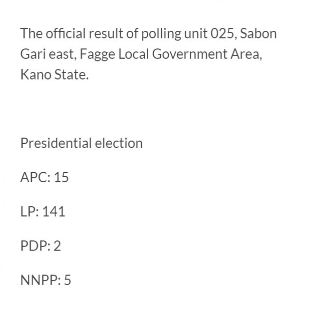 ayemojubar's tweet photo. Result of polling unit 025, Sabon Gari East, Fagge LGA, Kano State.

#NigeriaDecides2023
#NigeriaElections2023 https://t.co/6bvC4uURK8