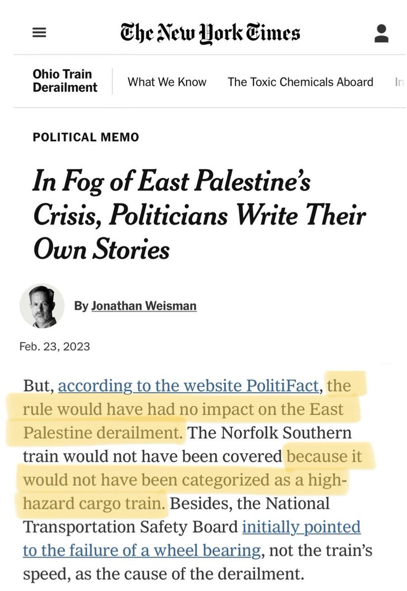 ARmastrangelo's tweet photo. The New York Times acknowledged in a Thursday report that the Biden administration’s claim that the Trump administration is at fault for the East Palestine train derailment due to rolling back a rule is false.

I had already reported on this last week. KEEP UP, New York Times. https://t.co/bnqh9tLz58