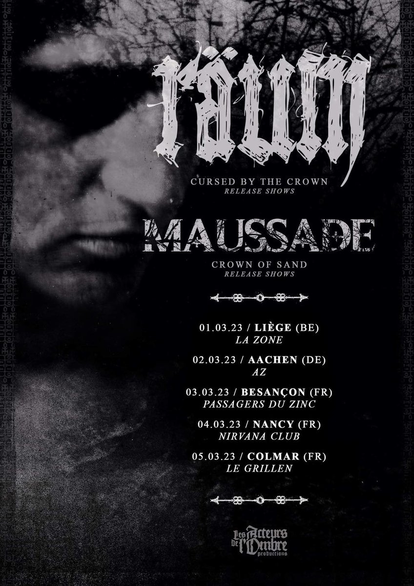 Tournée RÄUM cette semaine pour la release de l'album à venir ‘Cursed by the Crown’

🇧🇪 01/03 : Liège @ La Zone
🇩🇪 02/03 : Aachen @ Autonomes Zentrum Aachen
🇫🇷 03/03 : Besançon (25) @ LES PASSAGERS DU ZINC
🇫🇷 04/05 : Nancy (54) @ Nirvana Club
🇫🇷 05/05 : Colmar (68) @ Le Grillen