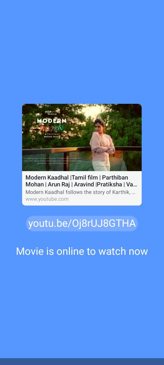 The pilot Film is Out For Audience♥️Watchout friends .

"Modern Kaadhal" follows the story of Karthik, Kaavya, Keerthi and Driti in their twenties, trying to break free from their relationship culture taboo.♥️🌟🌟🔥youtu.be/Oj8rUJ8GTHA
