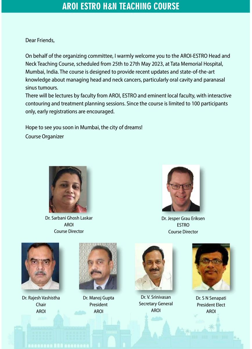 TMC Radiation Oncology (@radonctmc) on Twitter photo Announcing the AROI - <a href="/ESTRO_RT/">ESTRO</a> Head & Neck training course 📢📢📢
✅️ 25th - 27th May 2023 <a href="/TataMemorial/">Tata Memorial Hospital</a>
✅️ Focus on Oral Cavity & PNS tumors
✅️ For Rad Oncs & Med Physicists
✅️ Last date for registration 31st March 2023
✅️ aroiestroheadneckcourse@gmail.com Announcing the AROI - <a href="/ESTRO_RT/">ESTRO</a> Head & Neck training course 📢📢📢
✅️ 25th - 27th May 2023 <a href="/TataMemorial/">Tata Memorial Hospital</a>
✅️ Focus on Oral Cavity & PNS tumors
✅️ For Rad Oncs & Med Physicists
✅️ Last date for registration 31st March 2023
✅️ aroiestroheadneckcourse@gmail.com