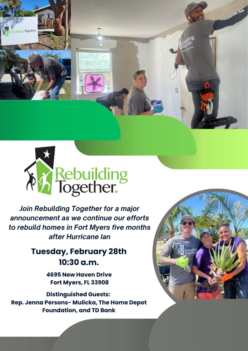 RT_GFL's tweet photo. Join Rebuilding Together Tampa Bay for a major announcement in Fort Myers on Tuesday!!! 🎉We can't wait to share the great news with you! Find out how you can help us continue our important work in Fort Myers following Hurricane Ian at https://t.co/zimPw20m6B. https://t.co/Eu81mxlueQ