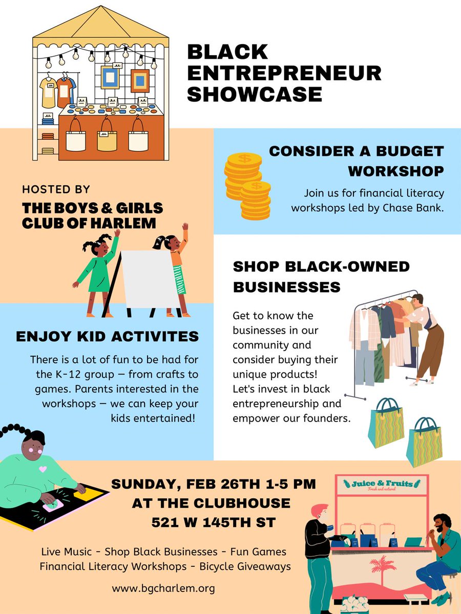 Join us for our first Community Day of the year as we celebrate Black History Month and the power of Black entrepreneurship in the Harlem community. 

Get inspired by successful black business leaders who will share their stories and sell their products! #HarlemEntrepreneurs