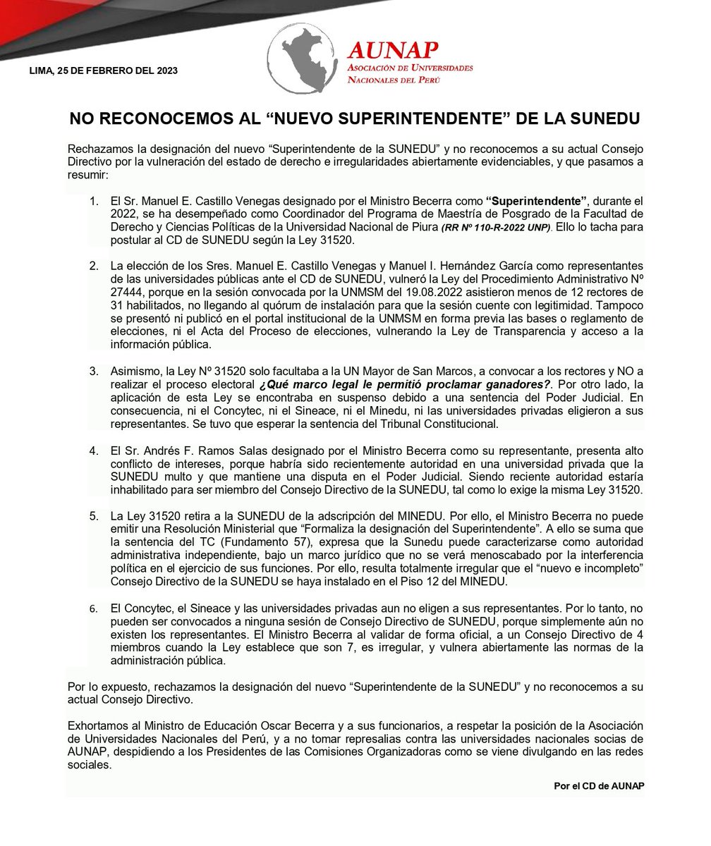 Rechazamos la designación del nuevo superintendente de la <a href="/SuneduPeru/">Sunedu</a> y no reconocemos a su actual consejo directivo.