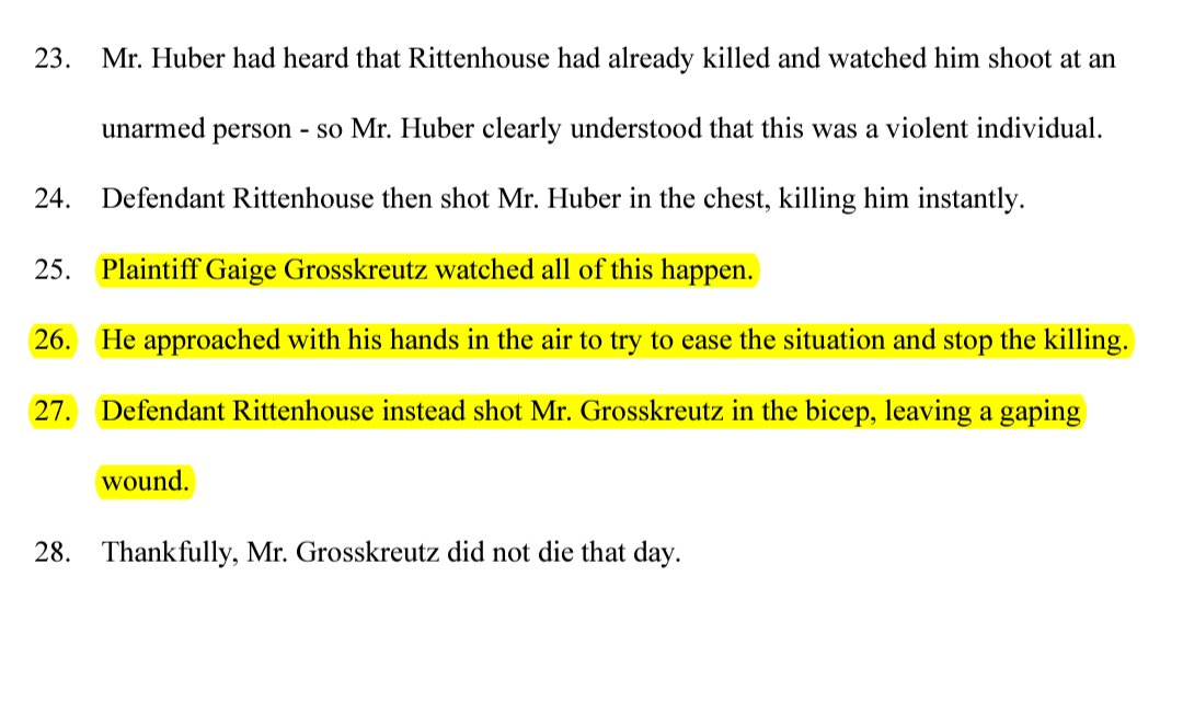 BadWeaponTakes's tweet photo. this lolsuit is basically just 40 pages of lies, embellishments and omissions.

among those lies, refuted by the criminal trial, is the notion of "indiscriminate shooting" and a "homicidal rampage"

among the omissions is the plaintiff's own trial testimony, that refutes his own lolsuit.