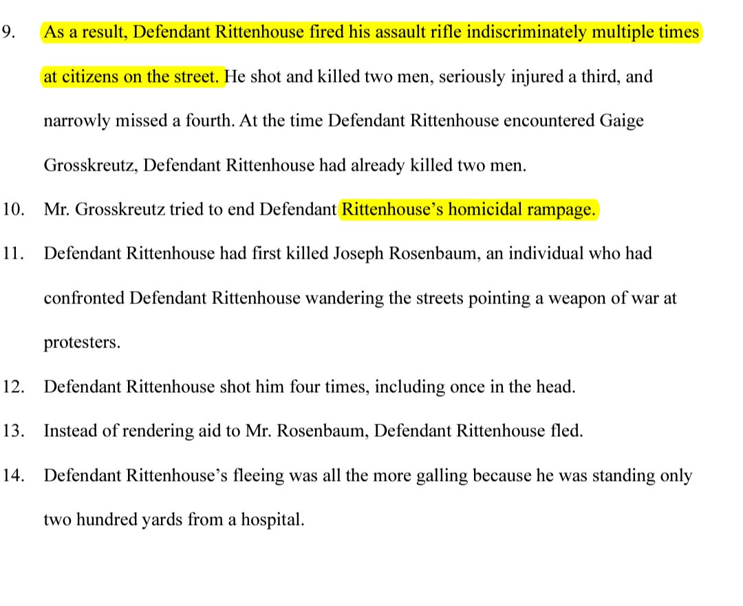 BadWeaponTakes's tweet photo. this lolsuit is basically just 40 pages of lies, embellishments and omissions.

among those lies, refuted by the criminal trial, is the notion of "indiscriminate shooting" and a "homicidal rampage"

among the omissions is the plaintiff's own trial testimony, that refutes his own lolsuit.