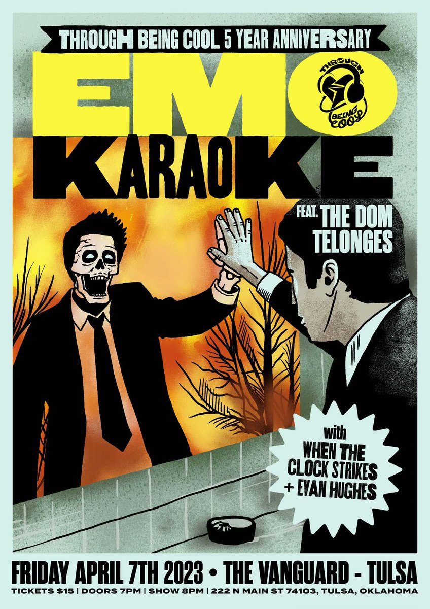 The Vanguard Tulsa (@tulsavanguard) on Twitter photo FRESH ANNOUNCEMENT!
Friday, April 7 ///
<a href="/emonighttulsa/">Through Being Cool</a> Emo & Pop Punk Karaoke
w/ The Dom Telonges
+ a perfomance from
<a href="/WTClockStrikes/">⚡️When the Clock Strikes⚡️</a> and Evan Hughes
18+ Only // Doors 7pm // Show 8pm
Tickets: buff.ly/3Sk3op8 FRESH ANNOUNCEMENT!
Friday, April 7 ///
<a href="/emonighttulsa/">Through Being Cool</a> Emo & Pop Punk Karaoke
w/ The Dom Telonges
+ a perfomance from
<a href="/WTClockStrikes/">⚡️When the Clock Strikes⚡️</a> and Evan Hughes
18+ Only // Doors 7pm // Show 8pm
Tickets: buff.ly/3Sk3op8