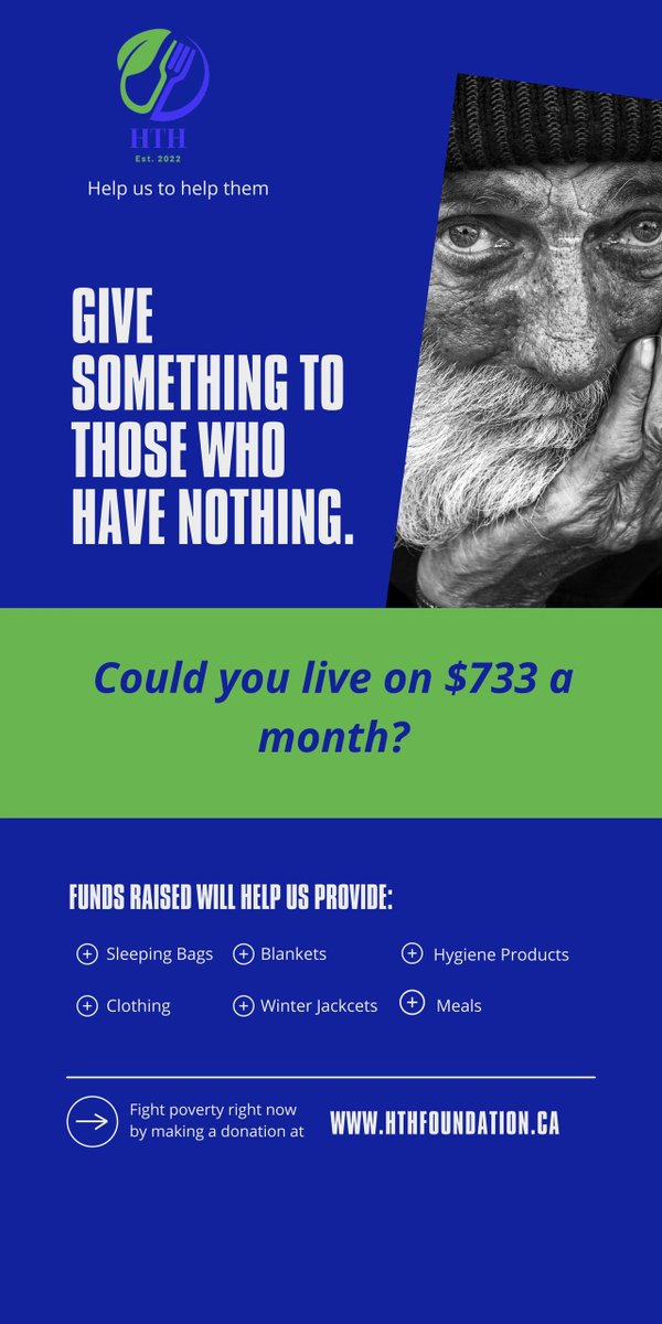 Could you survive off $733 a month?  How can anyone?

Help us to help them.
Please.

#HTH_Foundation
#HelpTheHomeless
#HappyToHelp

hthfoundation.ca