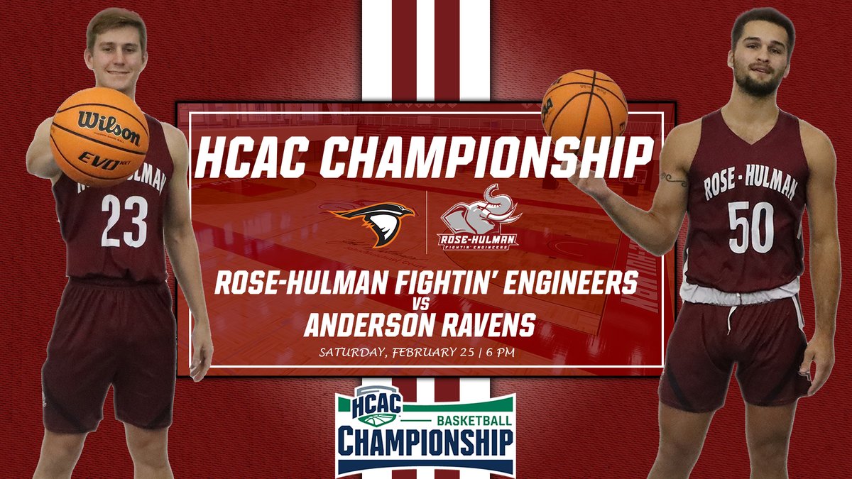 MEN'S BASKETBALL: It is HCAC CHAMPIONSHIP DAY for your Fightin' Engineers. Rose-Hulman takes on Anderson TODAY at 6 PM with an NCAA Tournament Berth on the line. The Fightin' Engineers are looking for their first HCAC title and NCAA tournament appearance since 2014. #GoRose
