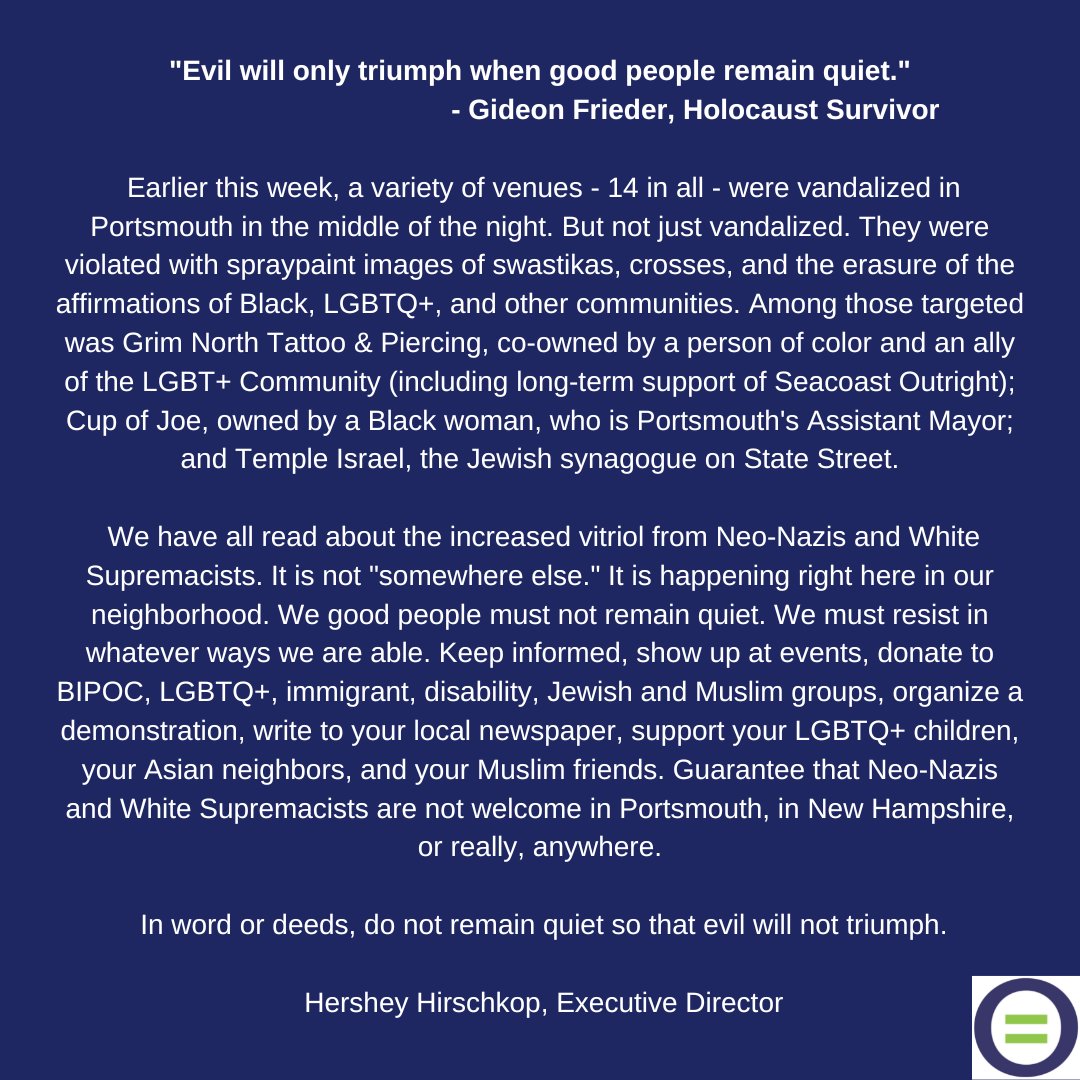 A statement from Executive Director Hershey Hirschkop about the hateful graffiti in Portsmouth earlier this week: