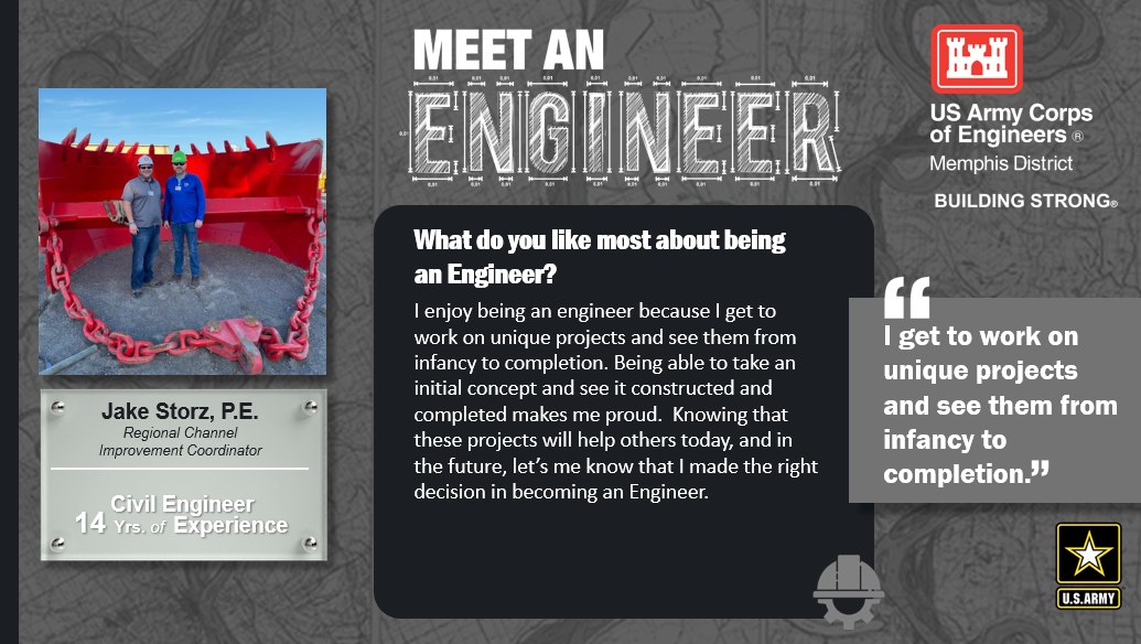 USACEHQ's tweet image. Jake Storz, a civil engineer who is the Regional Channel Improvement Coordinator with @MemphisDistrict. One of his favorite things about being an engineer is, &quot;I get to work on unique projects and see them from infancy to completion.&quot; #ArmyEngineers #WhatEngineersDo #EWeek2023