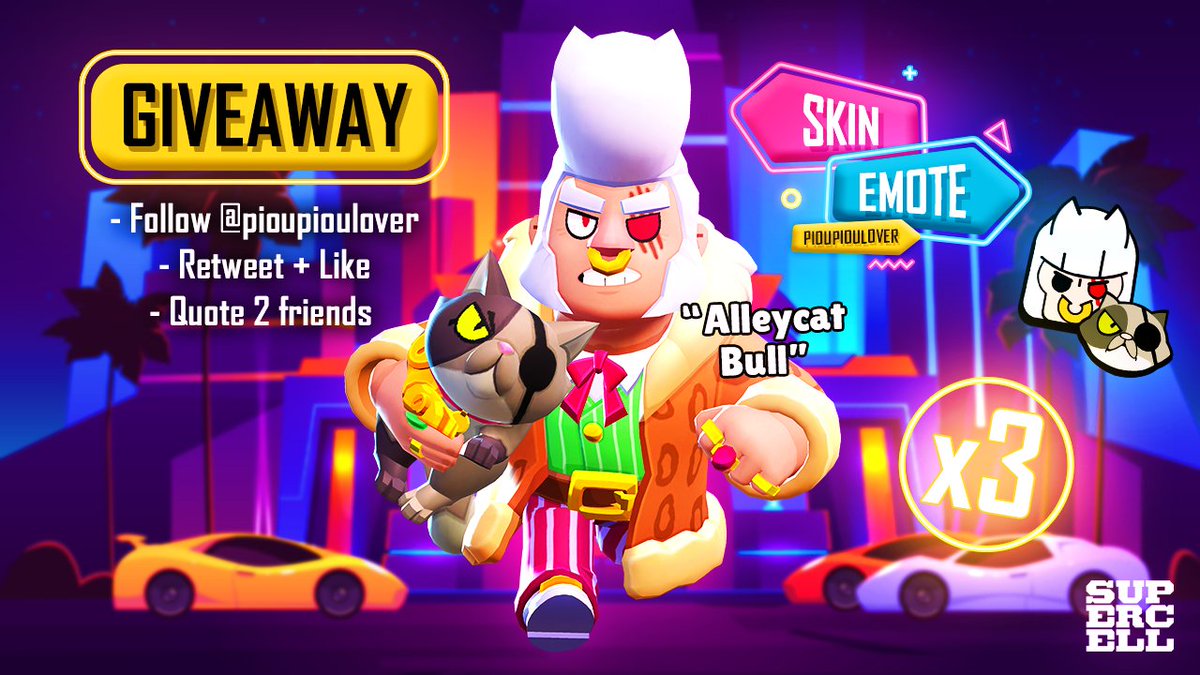 🎁GIVING AWAY 3 Alleycat Bull + Pin 🐱🎁

To enter:
 👉Follow <a href="/PiouPiouLover/">Pioupiou</a>
 
❤️Like
🔄 Retweet
🗨️ Tag 2 mates

3 Winners picked on 7th march!

#Alleycatbullgiveaway #brawlstars