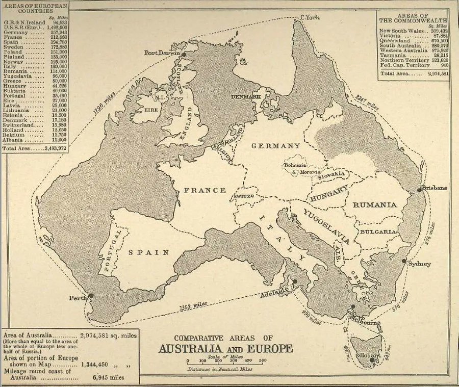 I love a good overlay map. This one overlays Europe (minus Russia) on Australia. Cool vintage piece from 1939. Source: buff.ly/3EvA89c
