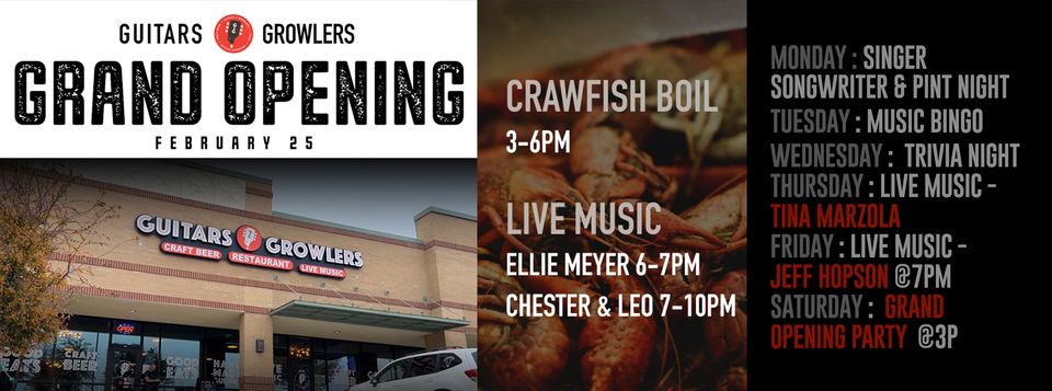 Guitars &amp; Growlers hosts the grand opening of their newest location today in Flower Mound! Guitars &amp; Growlers Flower Mound is opening up at 11am.  A Crawfish Boil is at 3pm and live music starting at 6pm! Go check them out and enjoy an OHB beer! #guitarsandgrowlers #flowermoundtx