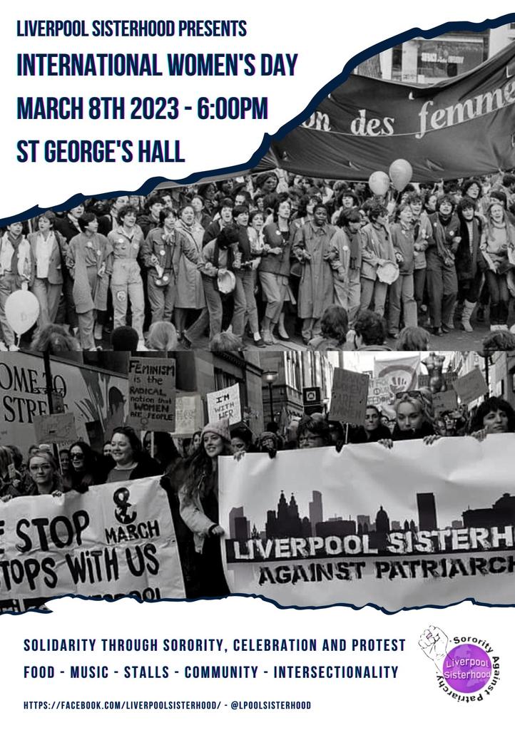 📣 Hey all! Join us March 8th, 6pm at St George’s Hall for a celebration of sorority and a protest against the patriarchy! ✊💜
With stalls, food and music from the amazing <a href="/KatumbaBloco/">KatumbaDrumming&Movement</a> to mark International Women’s Day 2023!
Women.
Life.
Freedom. 

#IWD2023 #liverpoolsisterhood