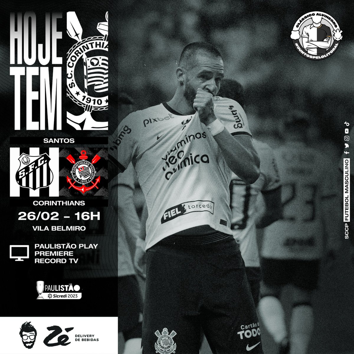 Hoje é #DiaDeCorinthians em campo e de #ClássicoAlvinegro #JuntosPeloLitoral! 🖤

🎶 Dá-lheeeeee... o Coringããão! 🎶

⚽ Santos x Corinthians
🏆 @paulistao (11ª rodada)
⏰ 16h (horário de Brasília)
🏟 Vila Belmiro
📺 Paulistão Play, Premiere e Record TV

#SANxSCCP
#VaiCorinthians