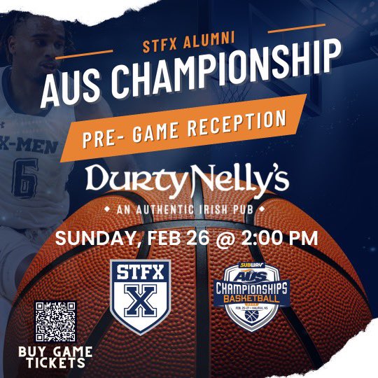 Big win today for <a href="/XMenBasketball/">X-Men Basketball</a>.  Join us tomorrow before the <a href="/AUS_SUA/">Atlantic University Sport</a> final <a href="/DurtyNellysPub/">Durty Nelly’s Halifax</a> for a pre-game reception!  #blueandwhite <a href="/StFXAthletics/">StFX Athletics</a> <a href="/stfxuniversity/">StFX University</a>