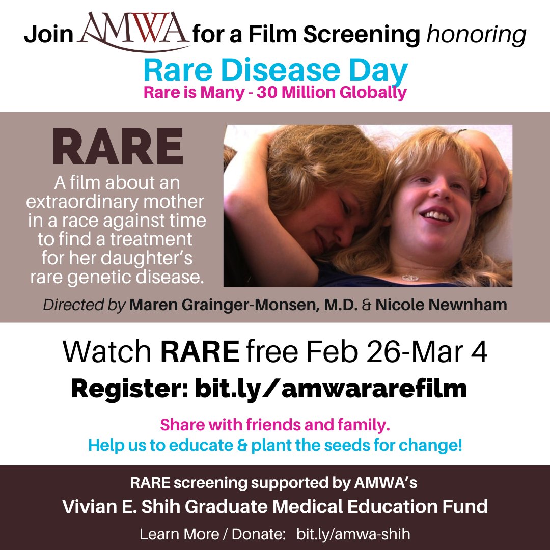 AMWADoctors's tweet photo. Join AMWA's 1st Annual Film Screening to raise awareness &amp; spotlight the need for increased research, therapeutics &amp; advocacy for rare disease conditions. 
Learn More/Register: https://t.co/mxEVkByDux

#RareDiseaseDay #RareDiseases #SexAndGenderHealth #WomenInMedicine #MedTwitter https://t.co/JXz12nlDmf