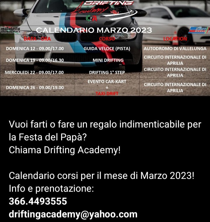 DriftingAcademy's tweet photo. Vuoi farti o fare un regalo indimenticabile per la Festa del Papà?
Chiama Drifting Academy! 

Calendario corsi per il mese di Marzo 2023!
Info e Prenotazione:
366.4493555
driftingacademy@yahoo.com 
#drifting #regalo #festadelpapà #corsi #compleanno #eventi  #bmw #bmwitalia https://t.co/n8FKxDqEPm