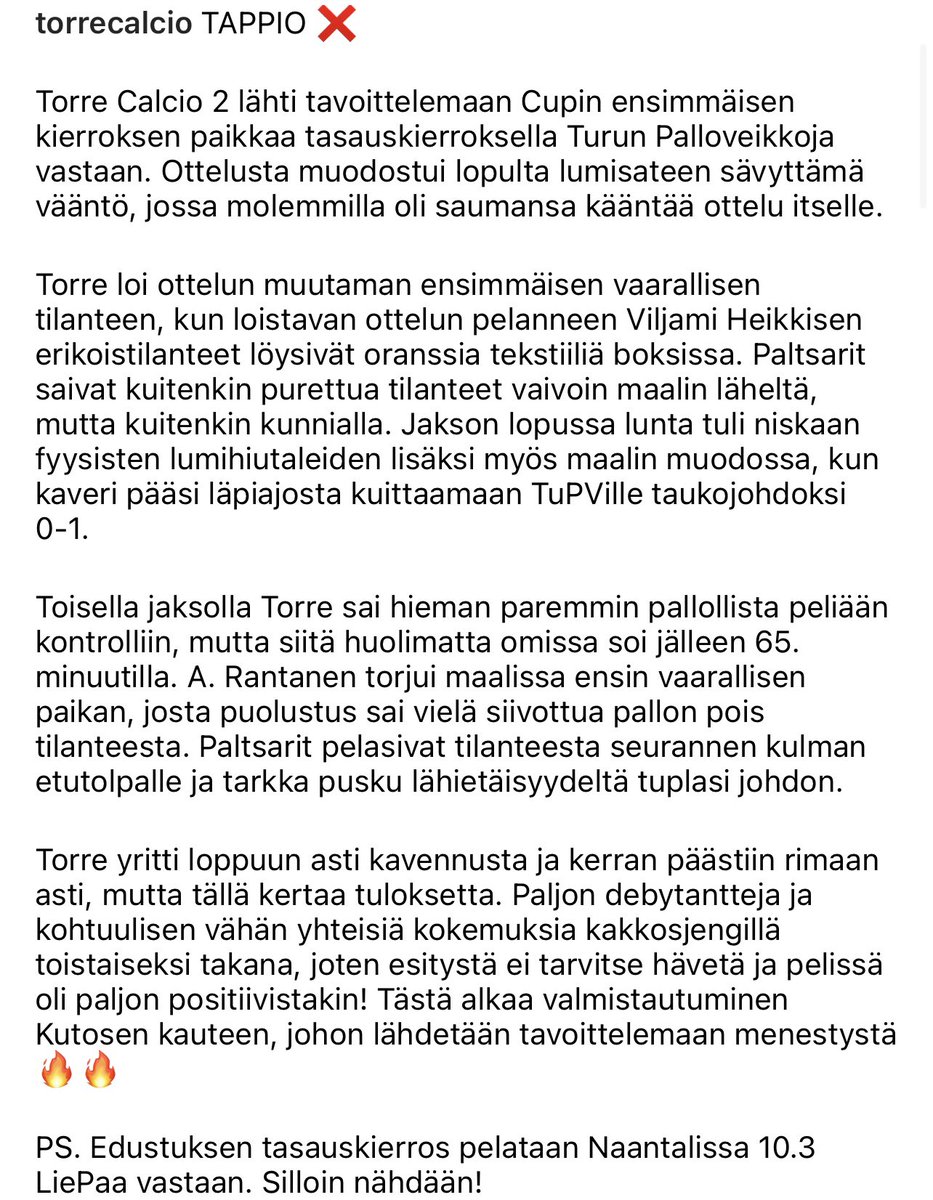 TorreCalcio's tweet photo. Torre Calcio 2 tippui Suomen Cupista. Nyt katseet kohti Kutosen sarja-avausta! #Suomencup #Kutonenlänsi #Torrecalcio https://t.co/AJ5A77lKqB