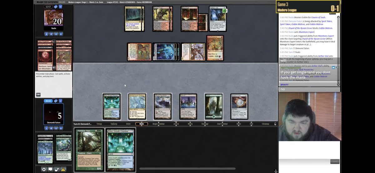 MisterInfant's tweet photo. I was watching this absolute riot from @DemonicTutors and despite having a Vesuva that doesn’t tap for mana, this was an awesome line! Can anyone else find the line? 😈😈   #AmuletTitan #MTG #MTGModern https://t.co/4JhPKuBQqA