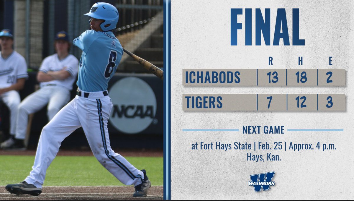 IchabodBSB's tweet photo. FINAL | Washburn scores six in the 10th inning to take game one of the DH, 13-7! Cal Watkins was 5-6 with three runs scored and an RBI! #GoBods https://t.co/jqXKHeujj1