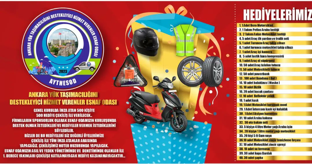 ANKARA KURYELER ESNAF ODAMIZIN 500 İMZA TAMAMLADIKTAN SONRA YAPILACAK GENEL KURULDA.İMZA ATAN KURUCU ÜYELER ARASINDA NOTER HUZURUNDA ÇEKİLİŞ YAPARAK 500 KİŞİYE 500 HEDİYE VERECEĞİZ. BOŞ YOK...!!!
NOT:Yönetim ve denetim kurulu üyeleri ile 1.Derece yakınları çekilişe katılamayacak.