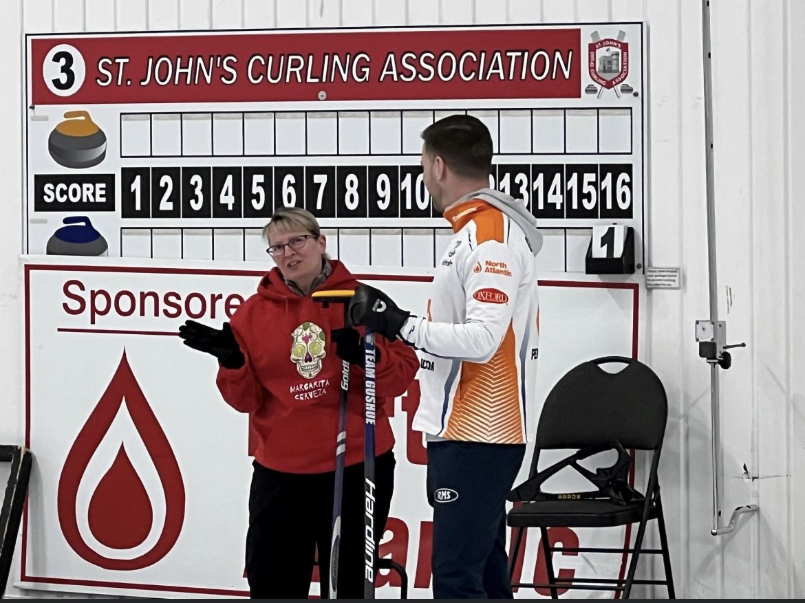 @CurlingCanada  #CurlingDayInCanada came early for Sharon this week as she shared the ice with @TeamGushue at a North Atlantic @Orange_Store event at the Remax Center.  Got a few 🧹 tips from Mark. Good luck guys at the Brier!