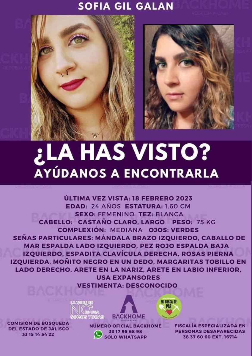 Sofía trabaja como Uber por las noches. Está desaparecida desde el 18 de febrero 2023. Reportan que ya encontraron su auto y su bolso pero a ella no. <a href="/FiscaliaJal/">Fiscalía del Estado de Jalisco</a> <a href="/EnriqueAlfaroR/">Enrique Alfaro</a> #sofiagilgalan