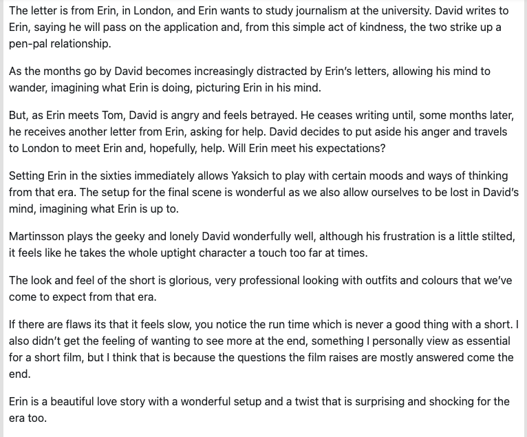 Critics Review: ⭐️⭐️⭐️⭐️  'ERIN - What's in A Name?' by Mark OC.   #MovieReview #indiefilm #awardwinning #critic #read #indieshortsmag #shortfilmreview #perioddrama #lgbtqcinema #lgbtqfilm #fantasy #reality #gaycommunity