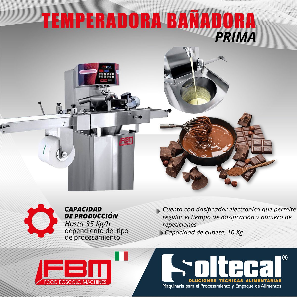 SOLTECAL's tweet image. Maquina temperadora continua, apta a realizar cualquier tipo de producto moldeado y en cualquier momento. Capacidad de la cubeta 10 kg. Productividad potencial 35 Kg/h

#temperingmachine #chocolatemachine #foodindustry #machines #beantobar  #chocolate #cacao #chocolovers