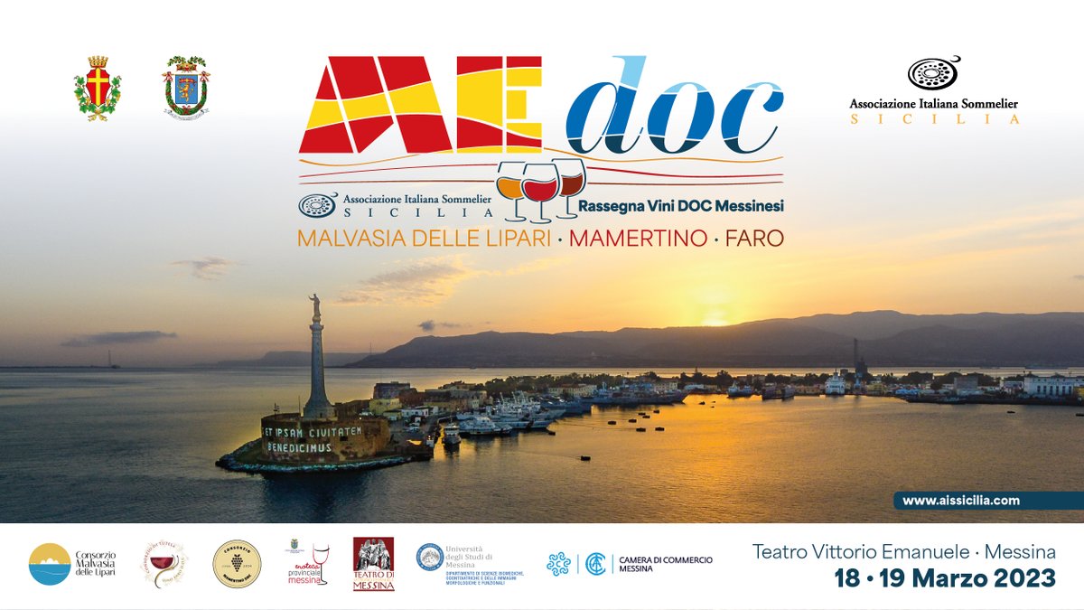 AIS Sicilia apre il sipario sulle tre DOC del messinese: Mamertino, Malvasia delle Lipari e Faro.
A Messina il 18 e il 19 Marzo 2023  Teatro Vittorio Emanuele, col patrocinio della città Metropolitana, del comune di Messina e  dei consorzi di tutela #me_doc #aissicilia #Ais