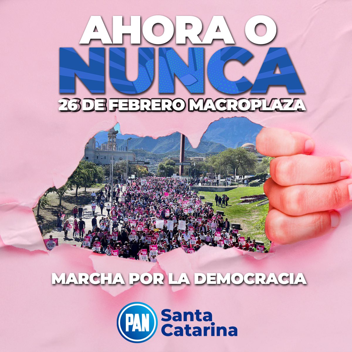 PANStaCatarina's tweet photo. ¡Salgamos todos a defender nuestra democracia y a México! Mañana, domingo 26 de febrero, hagamos que retumbe nuestra voz en La Macroplaza, para dejarle claro a Morena, qué hay muchas mexicanas y mexicanos vigilándolos. La cita es a las 11:00 a.m. 

#ElINENoSeToca https://t.co/pfi1LMAOvY