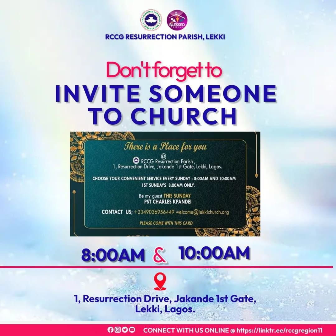 rccgresslekki's tweet photo. Have you invited someone to church? Do not forget to invite your friends to church this Sunday with the special invitation card. God bless you https://t.co/x0wiYuHbMm