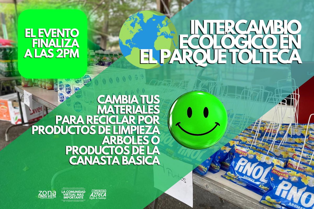 aztecacomunidad's tweet photo. ¡GANA RECICLANDO! PARTICIPA EN EL INTERCAMBIO ECOLÓGICO, SI VIVES CERCA DEL #PARQUETOLTECA
LÁNZATE HOY Y OBTÉN A CAMBIO PRODUCTOS DE LIMPIEZA, ÁRBOLES, O PRODUCTOS DE LA CANASTA BÁSICA https://t.co/CPJ7YFzg2C