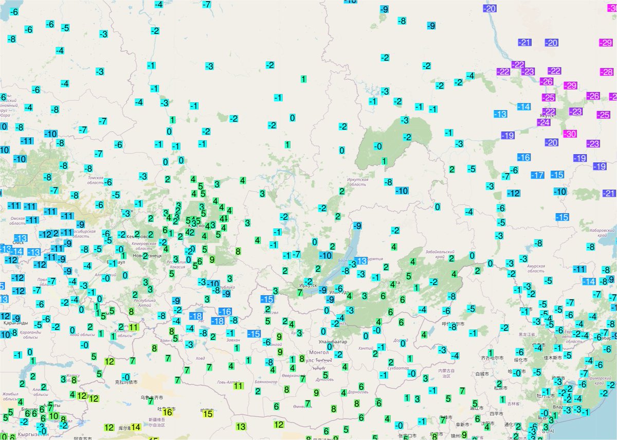 Une douceur remarquable a concerné la #Mongolie (dégel à Oulan-Bator, ce qui n'était pas arrivé depuis mi-nov) et l'ouest de la Léna en Sibérie où le thermomètre s'est approché de 0°C.
L'anomalie oscille entre +10 et +20°C par rapport aux normales sur ces secteurs. Carte Ogimet 