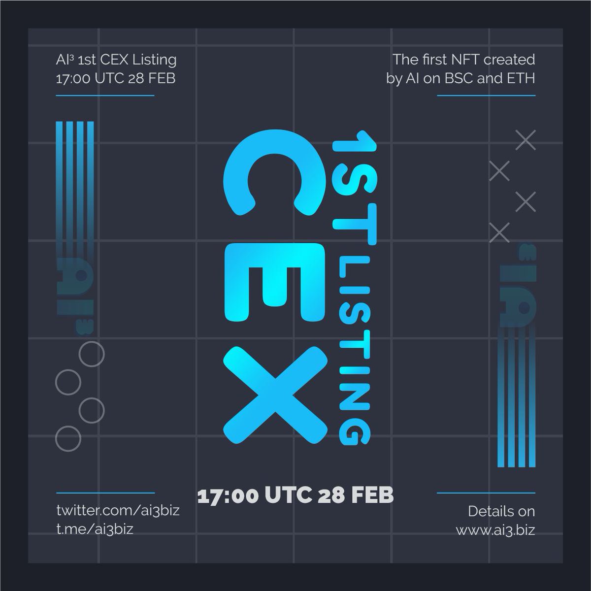 🤩Exciting news! AI3 is proud to announce that our token will be listed on a 📈CEX next week 17:00 UTC 28 FEB. 

🔼This is a huge milestone for our project and we can't wait to share this moment with our community.