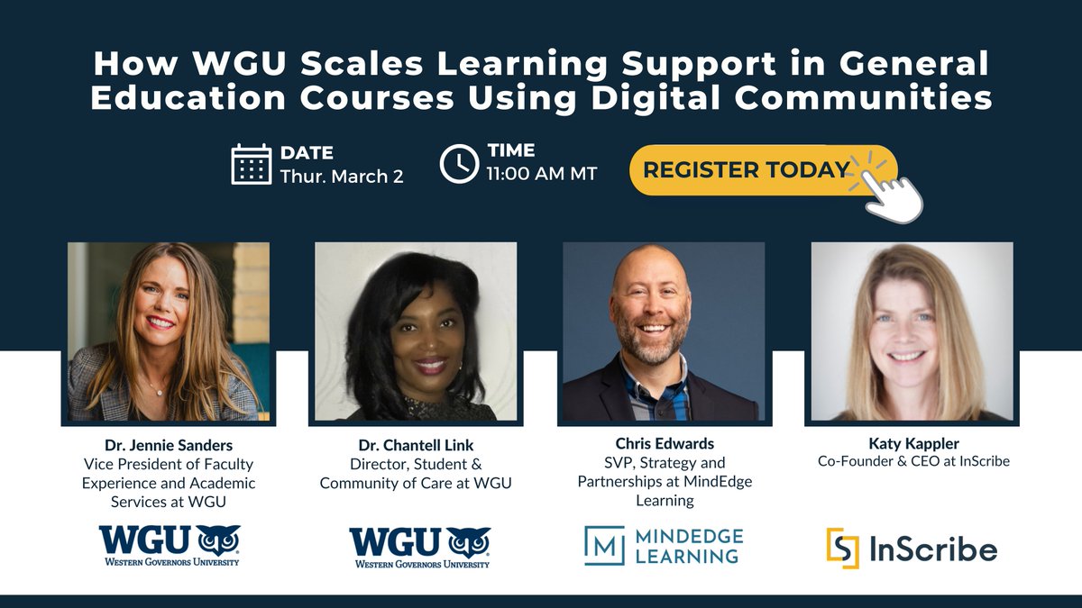 inscribeapp's tweet photo. Come talk about scalable + personalized support models, #studentsupport and #successrates with us! We'll be joined by specialists from @wgu and @MindEdgeOnline on how they enhanced the student experience and saved faculty time. https://t.co/fJ5iSYa7Th
#highered #edtechchat https://t.co/P8DfbEGqzv