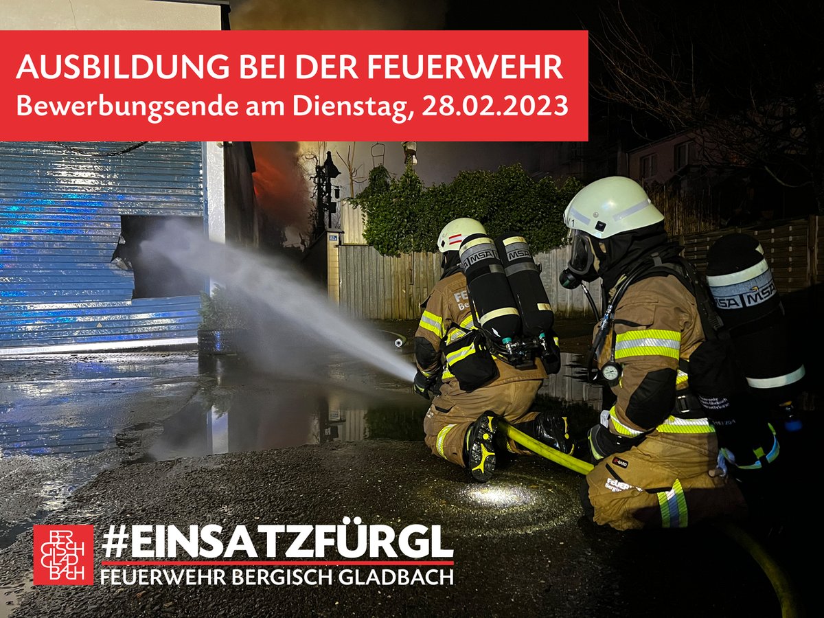 FeuerwehrGL's tweet photo. #Ausbildung bei der @FeuerwehrGL. Bewerbungsende Dienstag, 28.02.2023. Alle Infos unter
▶️ https://t.co/zfEoQ7qYlD
#EinsatzfürGL #BergischGladbach112 #BergischGladbach #Berufsfeuerwehr #Brandmeister #Notfallsanitäter #brandoberinspektor #BesterJobderWelt #Rettungsdienst #NotSan https://t.co/rX3RRYGCnE
