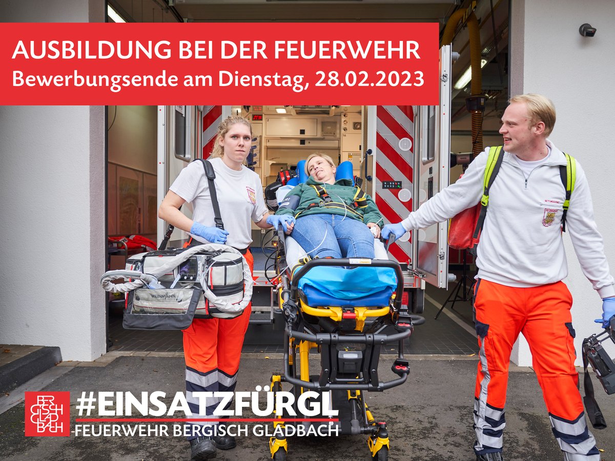 FeuerwehrGL's tweet photo. #Ausbildung bei der @FeuerwehrGL. Bewerbungsende Dienstag, 28.02.2023. Alle Infos unter
▶️ https://t.co/zfEoQ7qYlD
#EinsatzfürGL #BergischGladbach112 #BergischGladbach #Berufsfeuerwehr #Brandmeister #Notfallsanitäter #brandoberinspektor #BesterJobderWelt #Rettungsdienst #NotSan https://t.co/rX3RRYGCnE