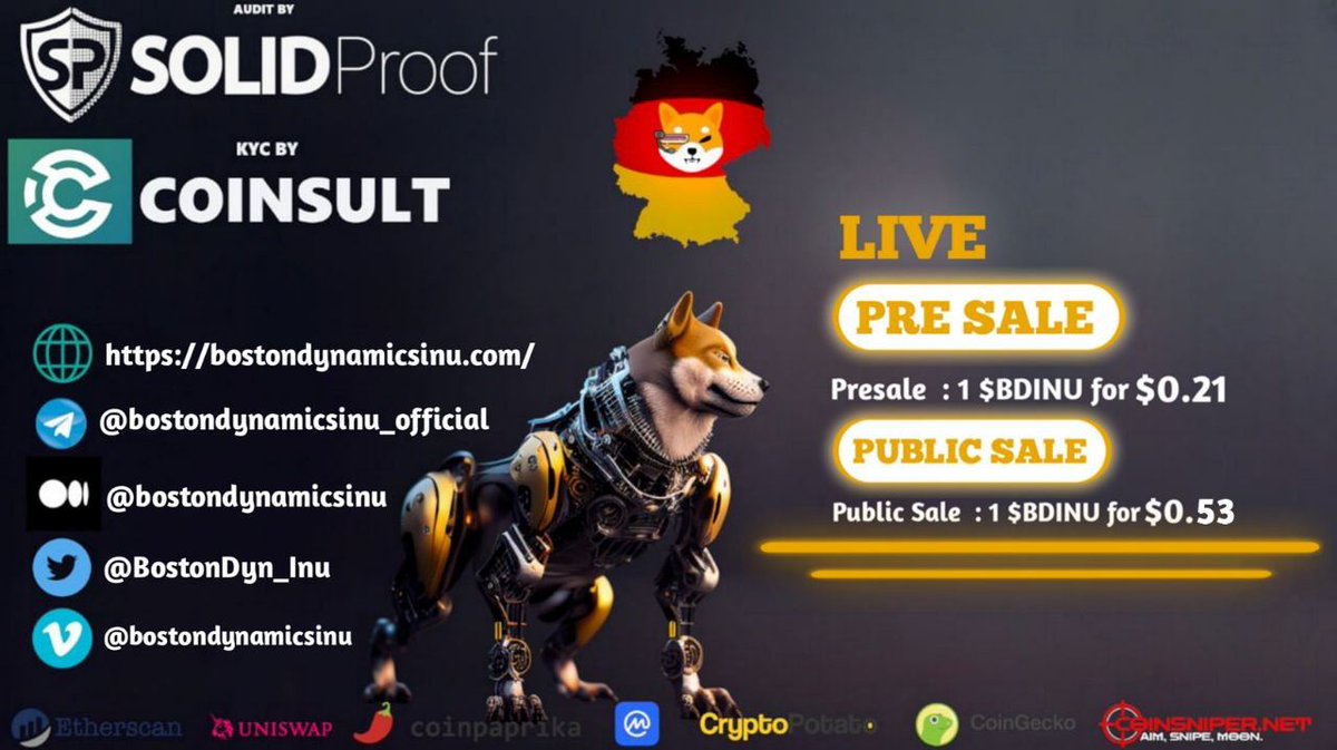 AviatorMania's tweet photo. The @BostonDyn__Inu
 Presale is almost full 🔥ONLY 11.28% LEFT‼,Only 3 days left ⏳⚡️
$BDINU has already 2 trending AI bot products which you can use for free. 🏆
The team already owns 2 Top 500 CMC Projects. 🎖🎖
TG:https://t.co/wb9MzmlEj7
Presale link: https://t.co/aAVJD8otgP https://t.co/i2fSSPOKZE