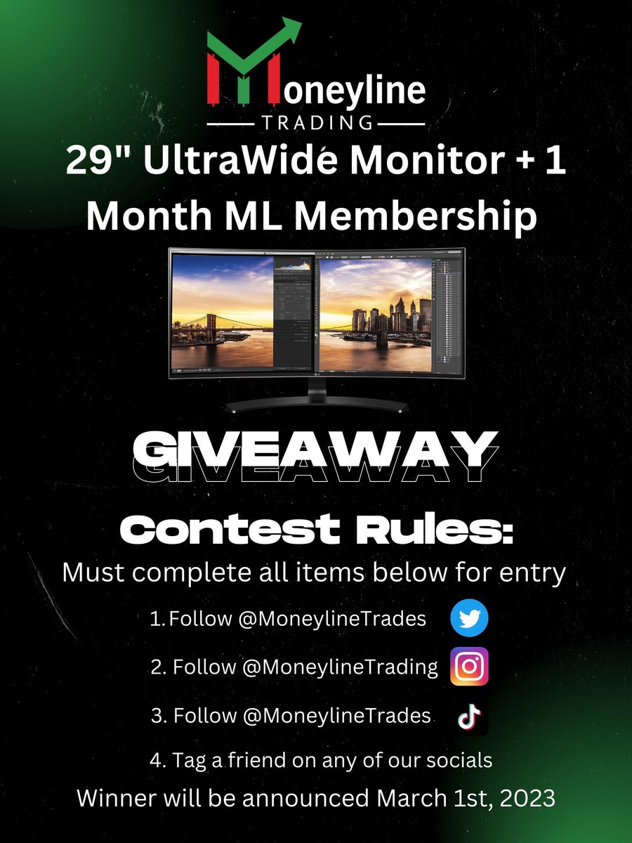 MoneylineTrades's tweet photo. 🚨It's our 1st Birthday!🚨

On Feb. 25th, 2022 Moneyline was launched with a goal to become a top tier community that puts its members first. We are beyond grateful for the support we have received in our first year since launch and we are VERY excited for what the future holds. 

To thank you for that support, we are giving away and UltraWide Monitor and a 1 Month Total Access membership! RT this tweet and follow the rules below! ⬇️⬇️